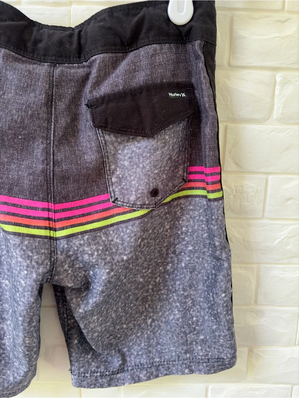 Hurley Kids Gray Swim Trunks with Pink & Green Stripes